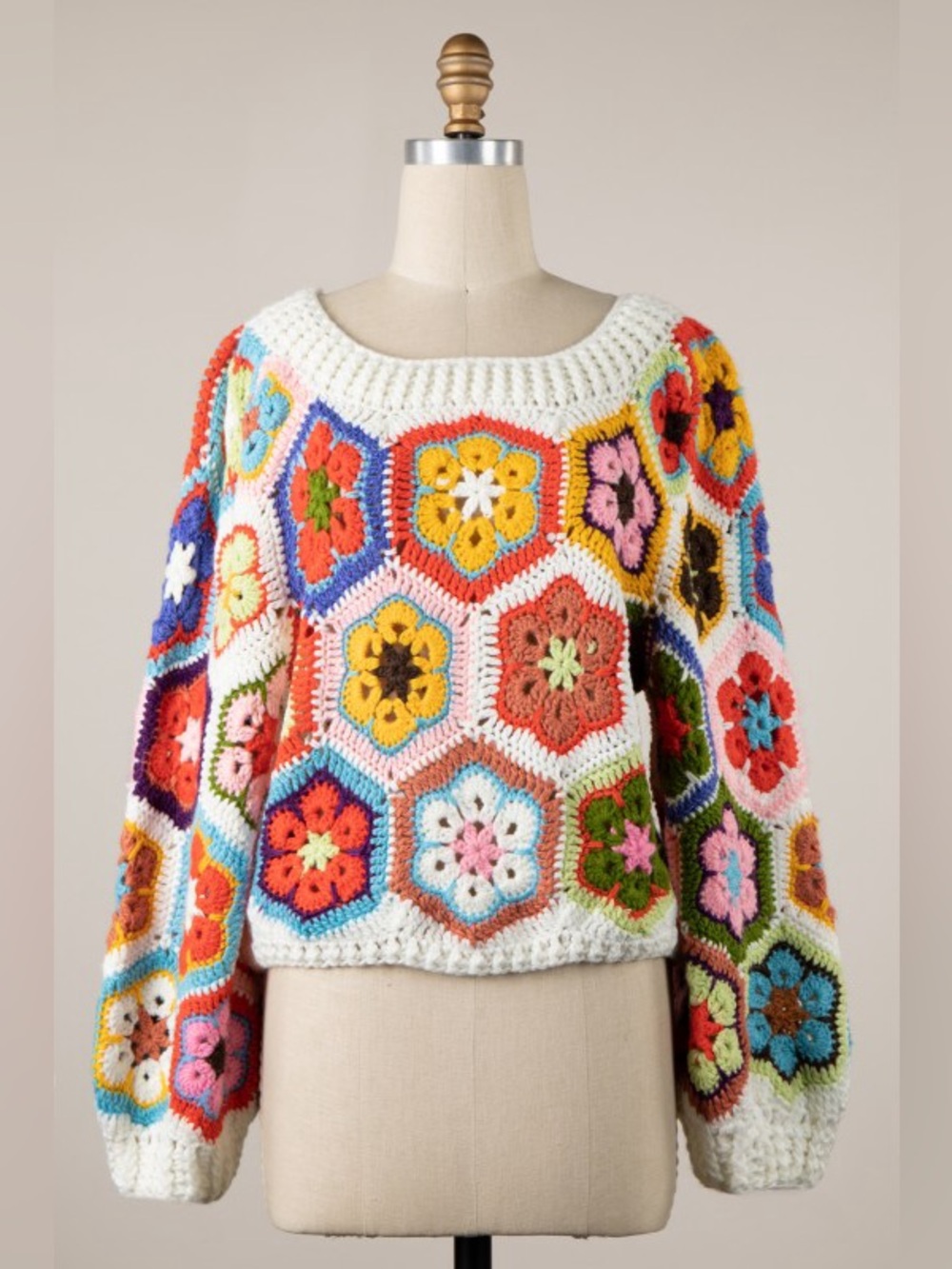 Boho Crochet Granny Square Floral Sweater – Ivory Multi - Picture 6 of 6